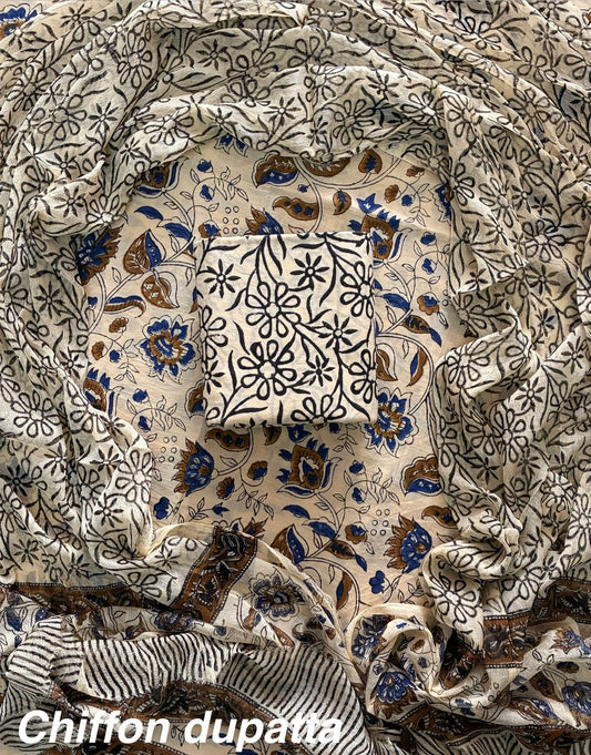 ELEGANT HAND BLOCK PRINT COTTON SUIT SET WITH CHIFFON DUPATTA(WACFCOTMU63)