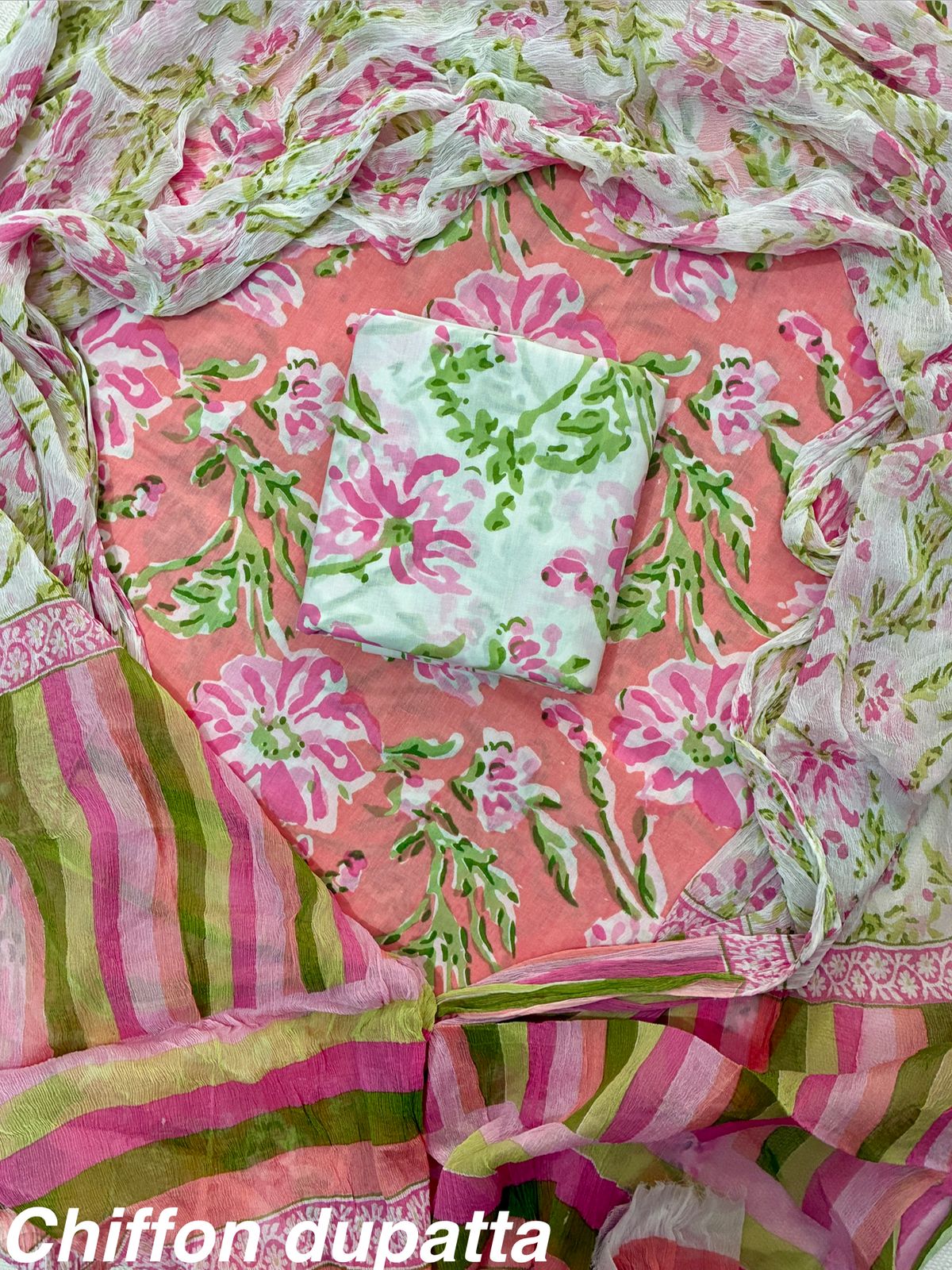 New Premium Hand Block Print Cotton Suit Set with Chiffon Dupatta(WACFCOTMU61)