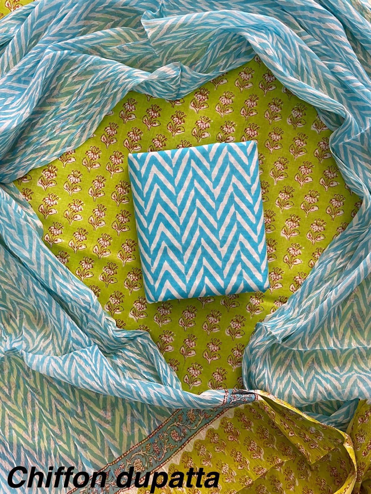 New Premium Hand Block Print Cotton Suit Set with Chiffon Dupatta(WACFCOTMU59)