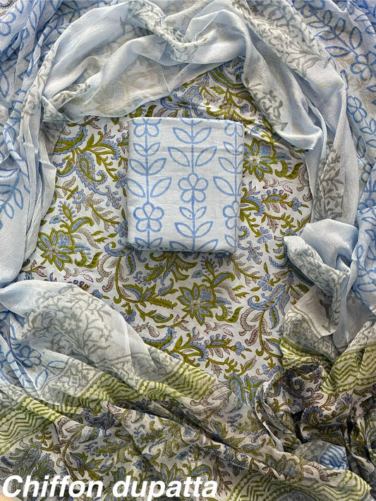 New Premium Hand Block Print Cotton Suit Set with Chiffon Dupatta(WACFCOTMU57)