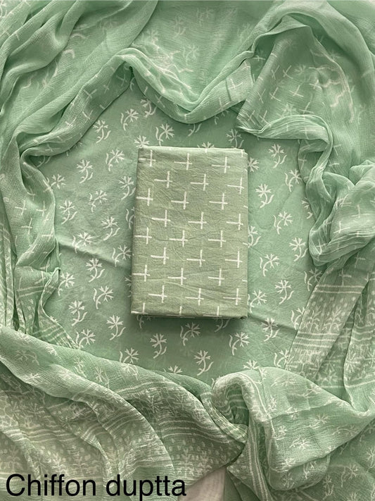 New Premium Hand Block Print Cotton Suit Set with Chiffon Dupatta(WACFCOTMU55)