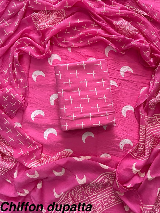 Premium Hand Block Print Cotton Suit Set with Chiffon Dupatta(WACFCOTMU49)