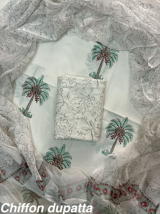 ELEGANT HAND BLOCK PRINT COTTON SUIT SET WITH CHIFFON DUPATTA(WACFCOTMU47)