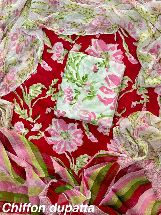 JAAL HAND BLOCK PRINT COTTON SUIT SET WITH CHIFFON DUPATTA(WACFCOTMU44)