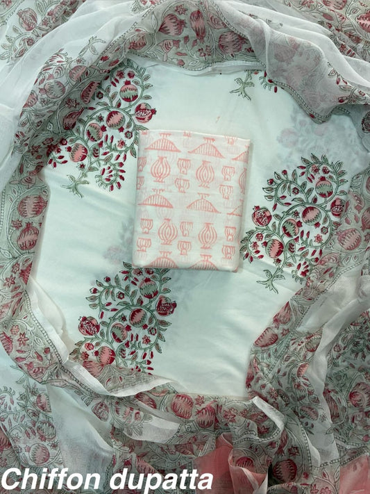JAAL HAND BLOCK PRINT COTTON SUIT SET WITH CHIFFON DUPATTA(WACFCOTMU42)