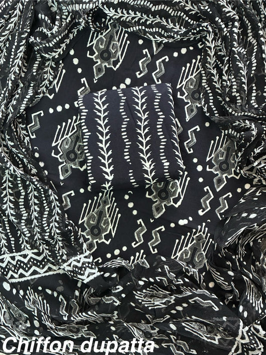 JAAL HAND BLOCK PRINT COTTON SUIT SET WITH CHIFFON DUPATTA(WACFCOTMU40)