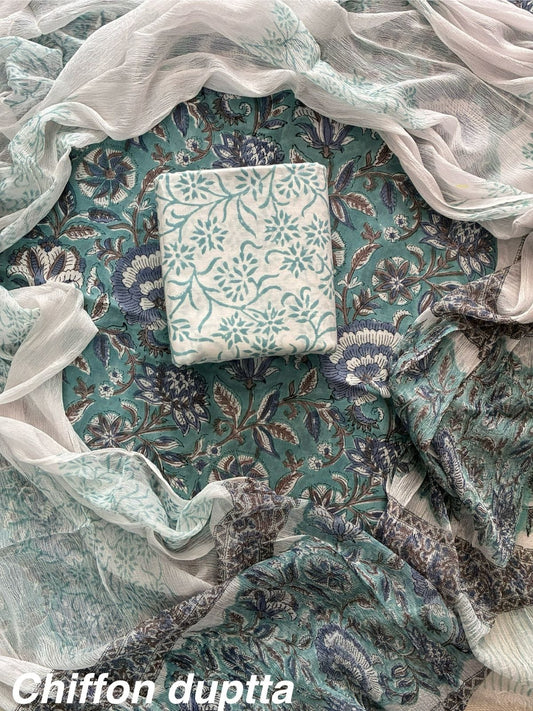 JAAL HAND BLOCK PRINT COTTON SUIT SET WITH CHIFFON DUPATTA(WACFCOTMU32)