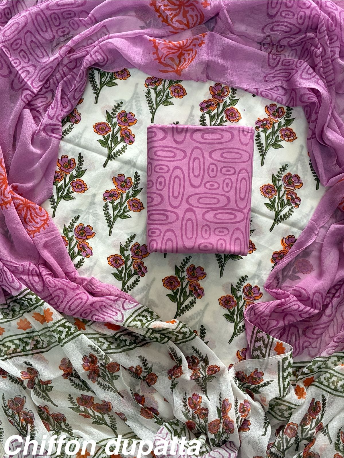 Exclusive Hand Block Print Cotton Suit Set with Chiffon Dupatta(WACFCOTMU29)