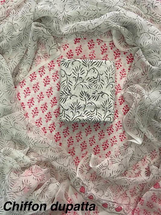 New Premium Hand Block Print Cotton Suit Set with Chiffon Dupatta(WACFCOTMU26)