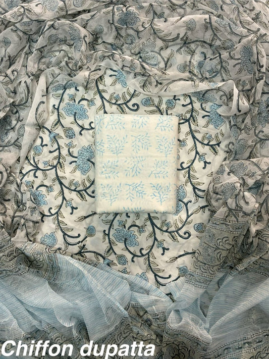 DESIGNER HAND BLOCK PRINT COTTON SUITSET WITH CHIFFON DUPATTA(WACFCOTMU24)