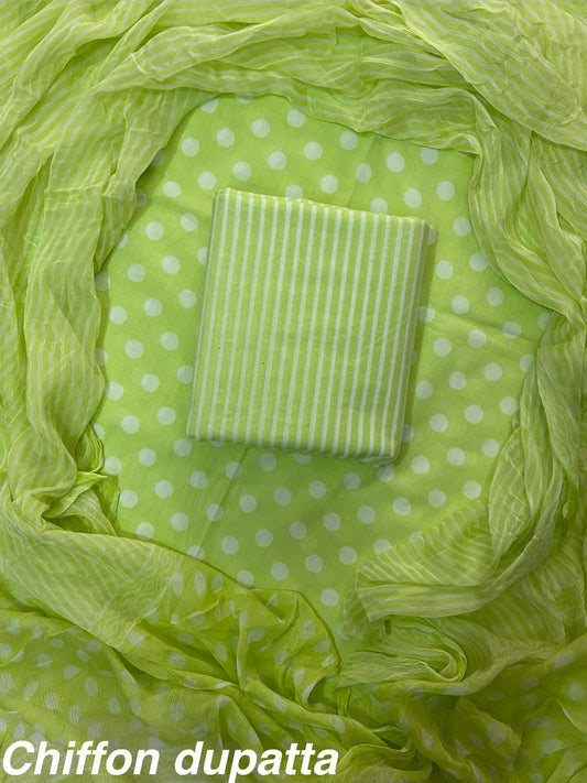 New Premium Hand Block Print Cotton Suit Set with Chiffon Dupatta(WACFCOTMU18)