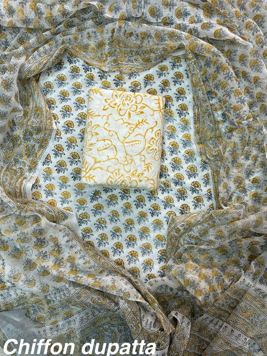 Premium Hand Block Print Cotton Suit Set with Chiffon Dupatta(WACFCOTMU17)