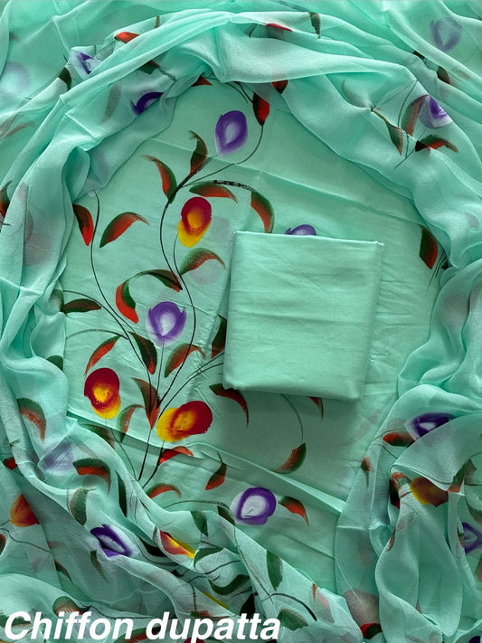 New Premium Hand Block Print Cotton Suit Set with Chiffon Dupatta(WACFCOTMU13)