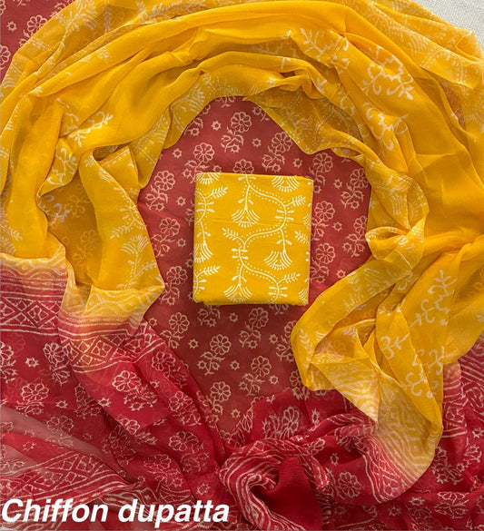ELEGANT HAND BLOCK PRINT COTTON SUIT SET WITH CHIFFON DUPATTA(WACFCOTMU11)