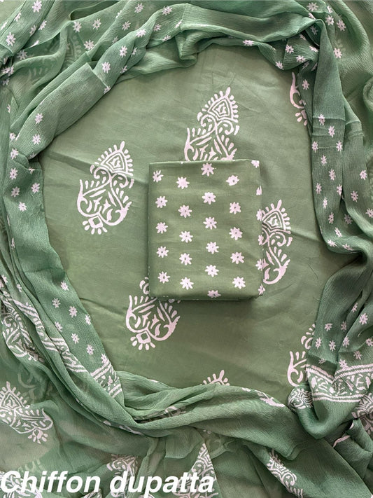 New Premium Hand Block Print Cotton Suit Set with Chiffon Dupatta(WACFCOTMU10)