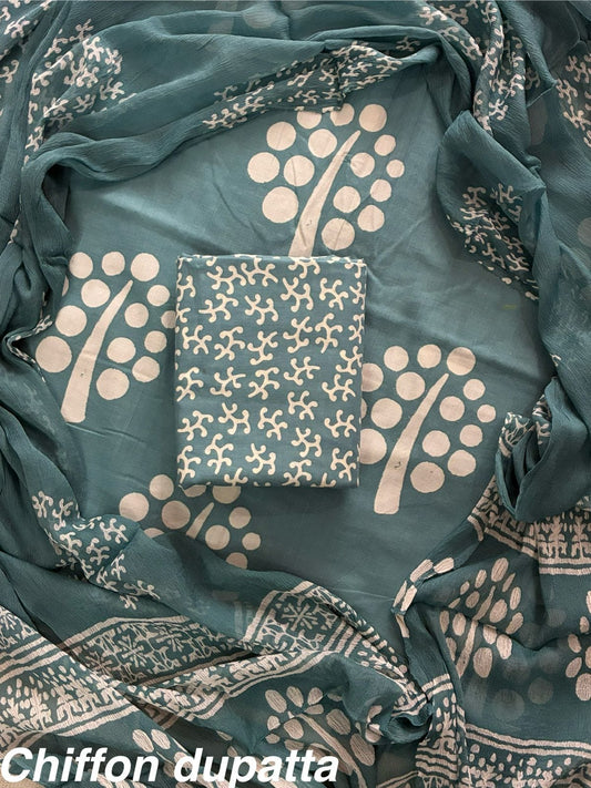 JAAL HAND BLOCK PRINT COTTON SUIT SET WITH CHIFFON DUPATTA(WACFCOTMU04)