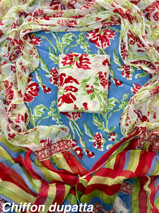 JAAL HAND BLOCK PRINT COTTON SUIT SET WITH CHIFFON DUPATTA(WACFCOTMU03)