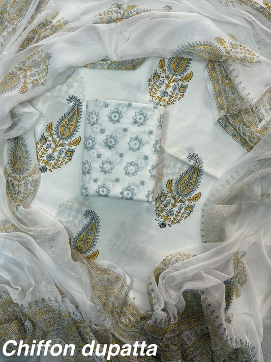 JAAL HAND BLOCK PRINT COTTON SUIT SET WITH CHIFFON DUPATTA(WACFCOTMU01)