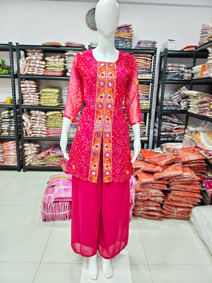 A Rich Purple And Pink Bandhani Printed Plazo set Featuring An Embroidered Front Panel, Flowy Matching Bottoms and A Sheer Dupatta For An Elegant Ethnic Look. (NFRD01)