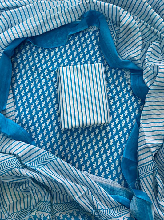 ELEGANT HAND BLOCK PRINT COTTON SUIT SET WITH MULMUL DUPATTA(WACOTMU04)