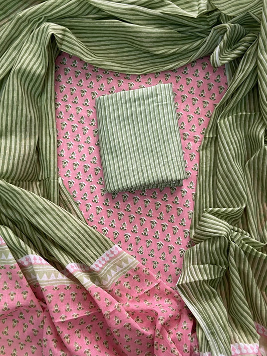ELEGANT HAND BLOCK PRINT COTTON SUIT SET WITH MULMUL DUPATTA(WACOTMU05)