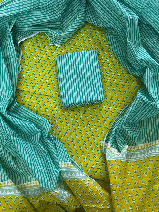 ELEGANT HAND BLOCK PRINT COTTON SUIT SET WITH MULMUL DUPATTA(WACOTMU09)