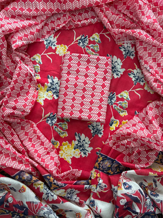ELEGANT HAND BLOCK PRINT COTTON SUIT SET WITH MULMUL DUPATTA(WACOTMU15)