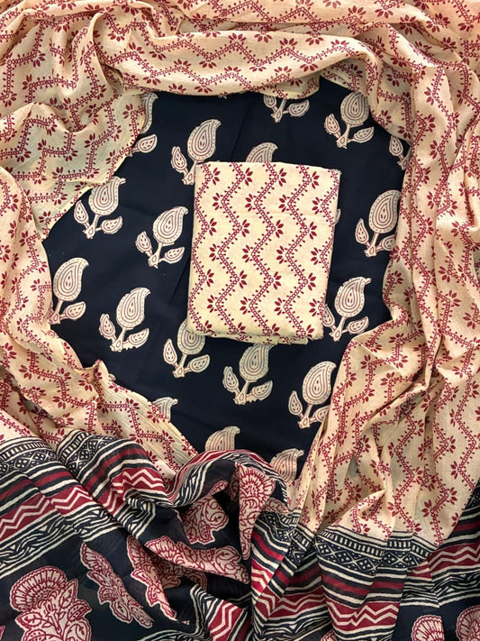 ELEGANT HAND BLOCK PRINT COTTON SUIT SET WITH MULMUL DUPATTA(WACOTMU19)