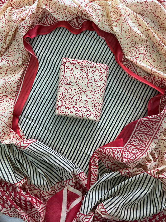 ELEGANT HAND BLOCK PRINT COTTON SUIT SET WITH MULMUL DUPATTA(WACOTMU18)