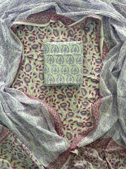 ELEGANT HAND BLOCK PRINT COTTON SUIT SET WITH MULMUL DUPATTA(WACOTMU20)