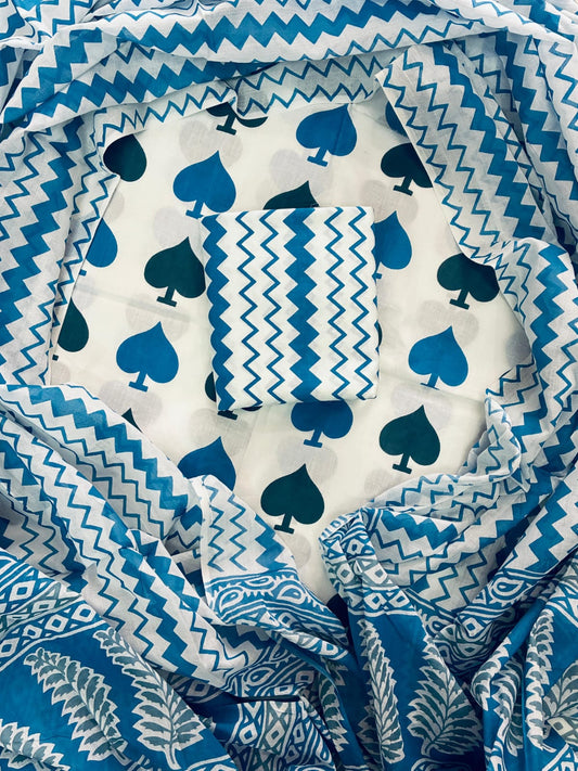 ELEGANT HAND BLOCK PRINT COTTON SUIT SET WITH MULMUL DUPATTA(WACOTMU23)