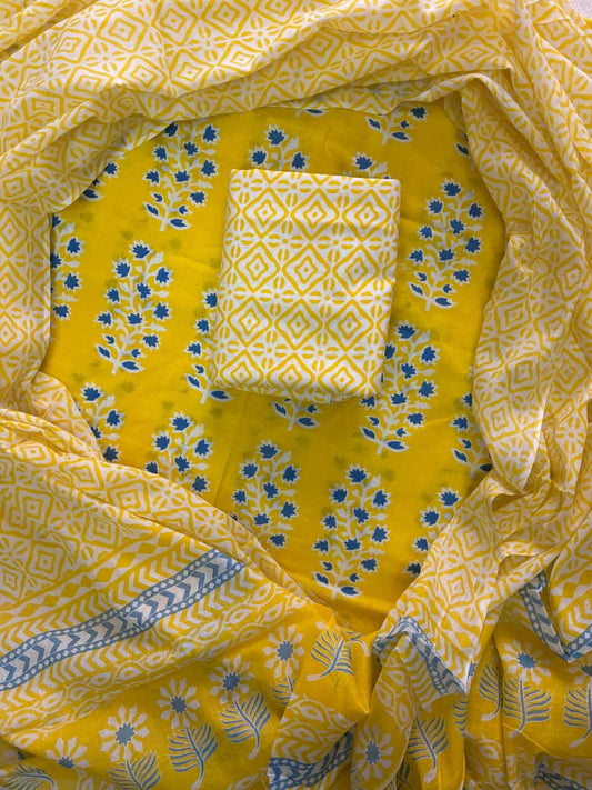 ELEGANT HAND BLOCK PRINT COTTON SUIT SET WITH MULMUL DUPATTA(WACOTMU26)