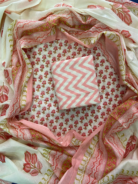 ELEGANT HAND BLOCK PRINT COTTON SUIT SET WITH MULMUL DUPATTA(WACOTMU28)