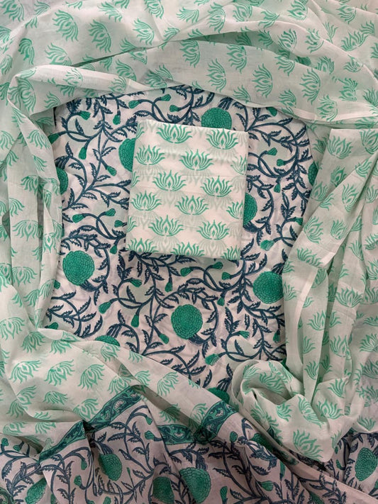 ELEGANT HAND BLOCK PRINT COTTON SUIT SET WITH MULMUL DUPATTA(WACOTMU31)