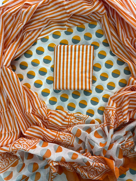 ELEGANT HAND BLOCK PRINT COTTON SUIT SET WITH MULMUL DUPATTA(WACOTMU33)