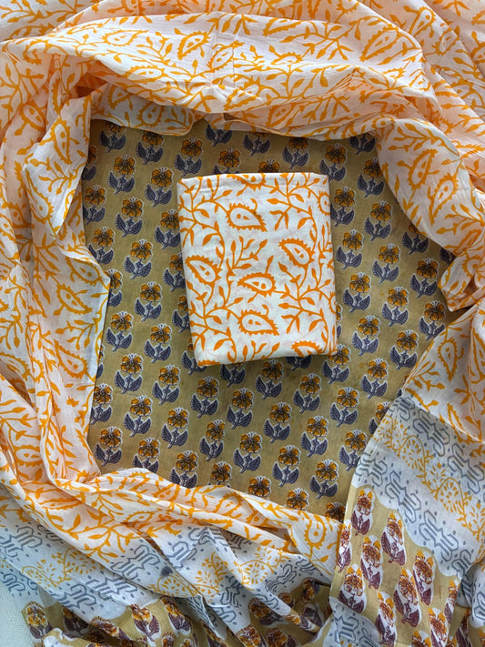 ELEGANT HAND BLOCK PRINT COTTON SUIT SET WITH MULMUL DUPATTA(WACOTMU36)
