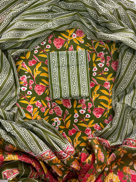 ELEGANT HAND BLOCK PRINT COTTON SUIT SET WITH MULMUL DUPATTA(WACOTMU38)
