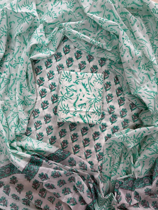 ELEGANT HAND BLOCK PRINT COTTON SUIT SET WITH MULMUL DUPATTA(WACOTMU40)