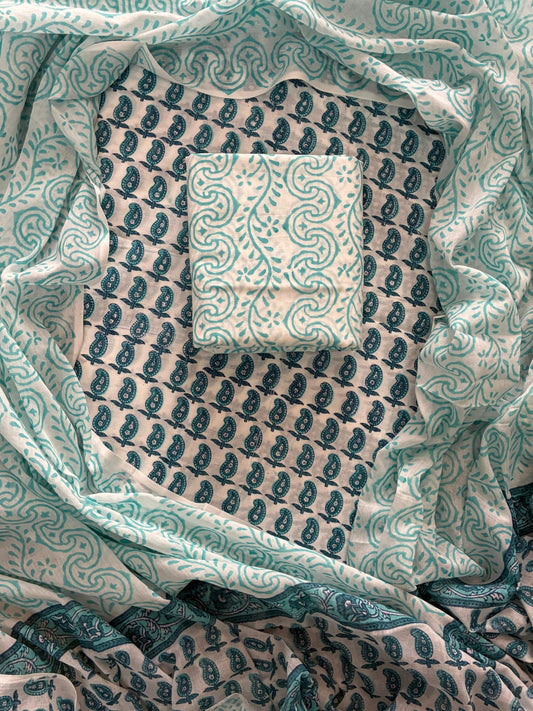 ELEGANT HAND BLOCK PRINT COTTON SUIT SET WITH MULMUL DUPATTA(WACOTMU44)