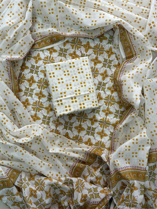 ELEGANT HAND BLOCK PRINT COTTON SUIT SET WITH MULMUL DUPATTA(WACOTMU42)