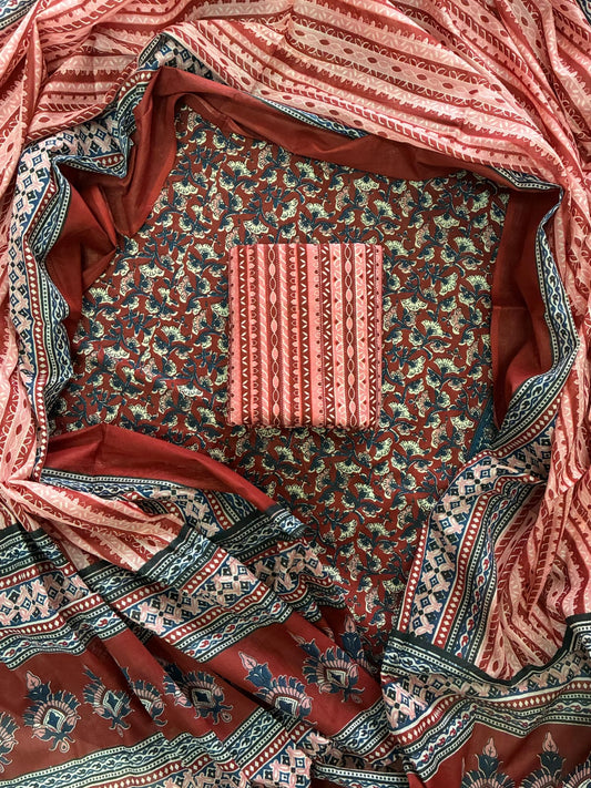 ELEGANT HAND BLOCK PRINT COTTON SUIT SET WITH MULMUL DUPATTA(WACOTMU47)