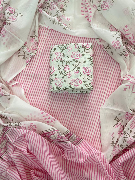 ELEGANT HAND BLOCK PRINT COTTON SUIT SET WITH MULMUL DUPATTA(WACOTMU46)