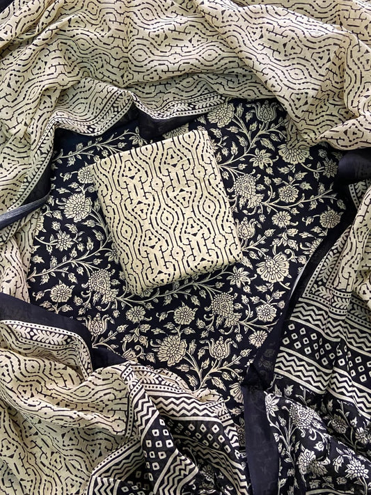 ELEGANT HAND BLOCK PRINT COTTON SUIT SET WITH MULMUL DUPATTA(WACOTMU49)