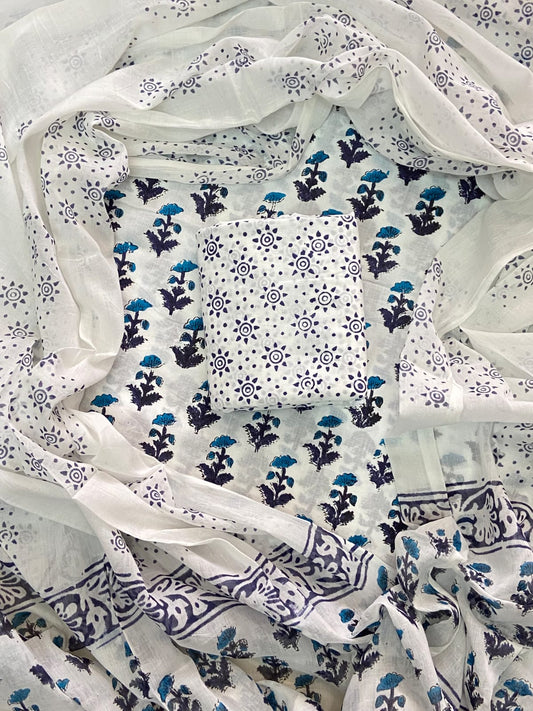 ELEGANT HAND BLOCK PRINT COTTON SUIT SET WITH MULMUL DUPATTA(WACOTMU52)