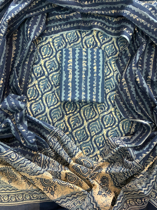 ELEGANT HAND BLOCK PRINT COTTON SUIT SET WITH MULMUL DUPATTA(WACOTMU50)