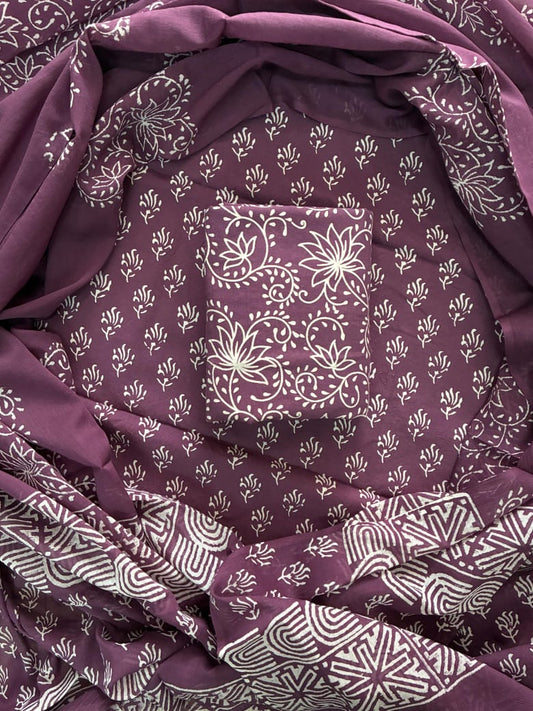 ELEGANT HAND BLOCK PRINT COTTON SUIT SET WITH MULMUL DUPATTA(WACOTMU53)