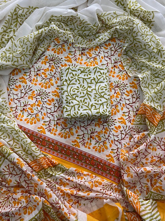 ELEGANT HAND BLOCK PRINT COTTON SUIT SET WITH MULMUL DUPATTA(WACOTMU54)