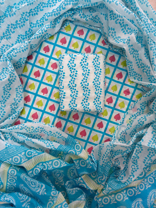 ELEGANT HAND BLOCK PRINT COTTON SUIT SET WITH MULMUL DUPATTA(WACOTMU56)