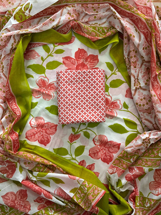 ELEGANT HAND BLOCK PRINT COTTON SUIT SET WITH MULMUL DUPATTA(WACOTMU79)