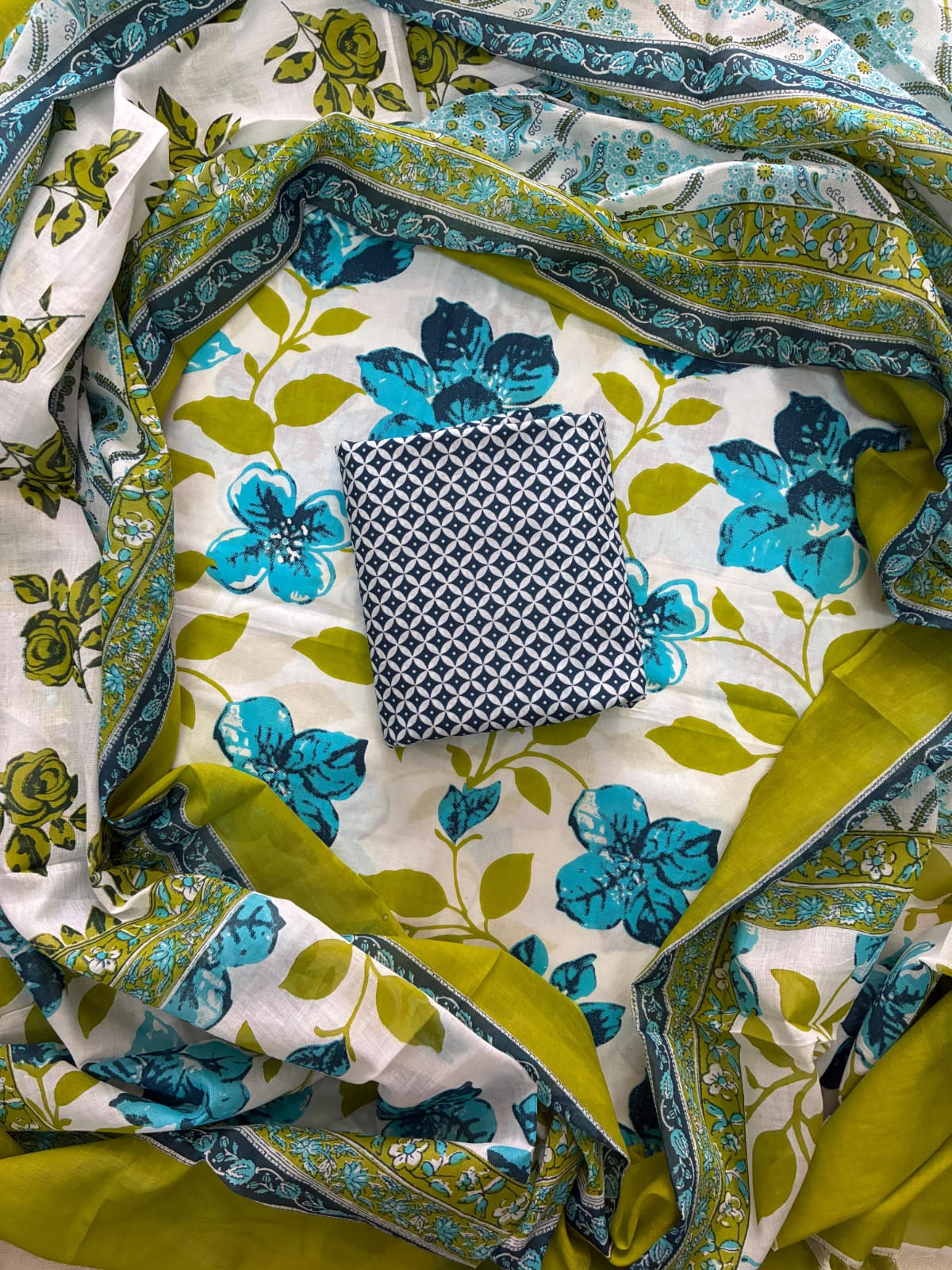 Designer Hand Block Print Cotton Suit Set with Mulmul Dupatta(WACOTMU81)